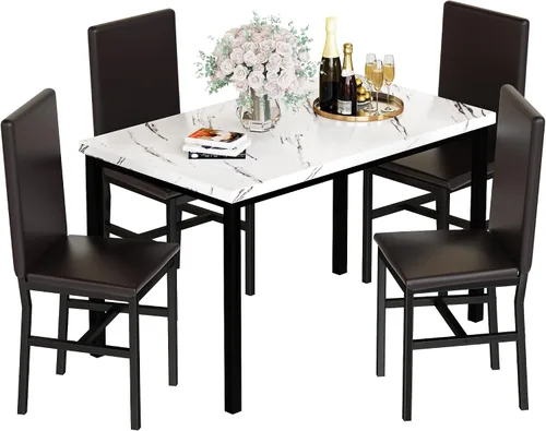 Miniatura 9 de Recaceik Juego de 4 mesas de comedor de 5 piezas para 4, juego de 4 sillas de mesa de cocina de mármol sintético, juego de mesa de cocina con 4