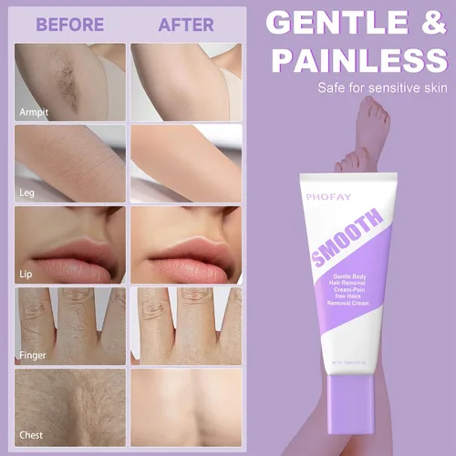 Miniatura 3 de PHOFAY Crema depilatoria para hombres y mujeres, piel sensible, de acción rápida, recomendada por dermatólogos, con aloe y ácido hialurónico