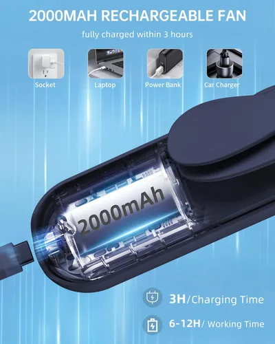 Miniatura 3 de Mini Ventilador de Mano, Ventilador de Mano Portátil con USB Recargable, Batería Operada de 2000 mAh, 3 Velocidades Ajustables, Pequeño Ventilador