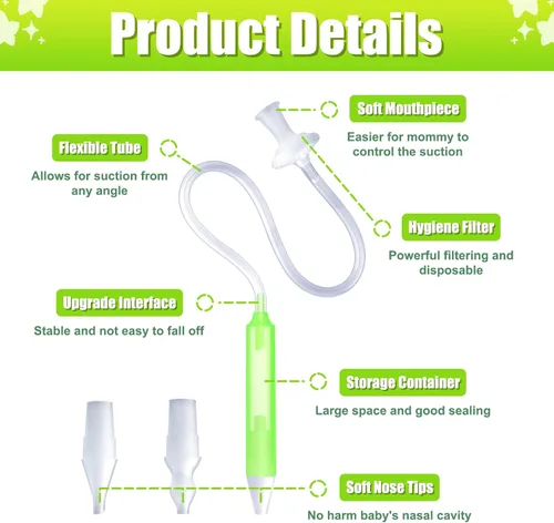 Miniatura 3 de Aspirador nasal para bebé, alivio de la congestión nasal con 25 filtros de higiene, 2 puntas de silicona con pinzas de limpieza nasal, color verde