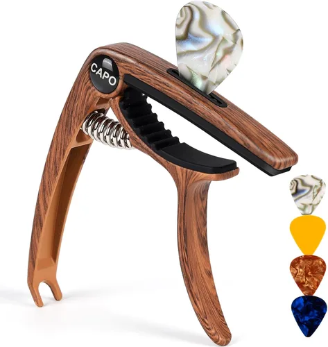 Miniatura 8 de AARVI Cejilla de guitarra de 6 cuerdas para guitarras acústicas y eléctricas, abrazadera universal con 4 púas de alta calidad, compatible con Negro