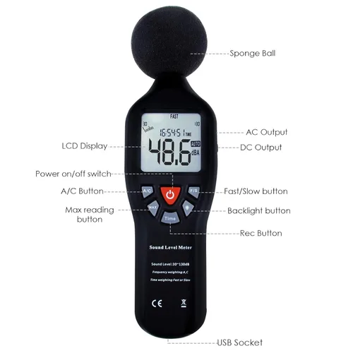 Miniatura 4 de Instrumento compacto medidor de nivel de sonido profesional con pantalla de retroiluminación Medición de alta precisión 30dB-130dB