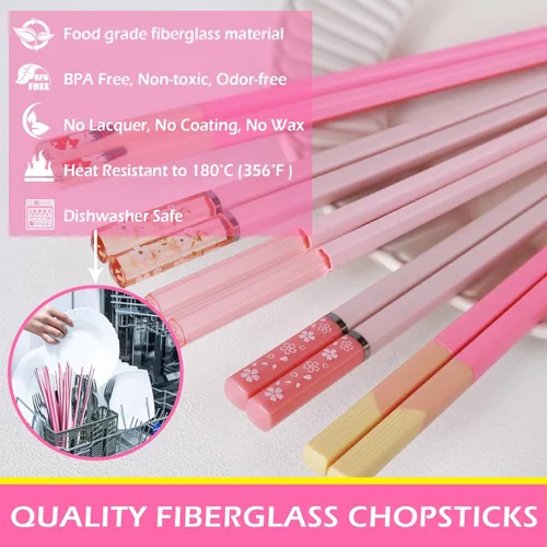 Miniatura 4 de Palillos reutilizables aptos para lavavajillas, GLAMFIELDS - 10 pares de 9.5 pulgadas, juego premium de palillos de fibra de vidrio para sushi, Rosa