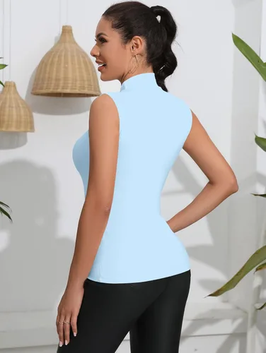 Miniatura 3 de FOUGEDE Camisetas de manga larga con cuello alto falso para mujer, sin mangas, básicas, ajustadas, elásticas, delgadas