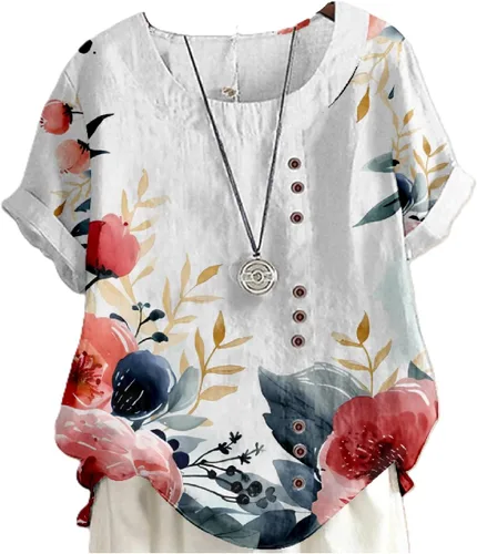 Miniatura 8 de domirica Camisetas de verano para mujer 2024 con estampado de flores, algodón, lino, manga corta, cuello redondo, camisas casuales de moda