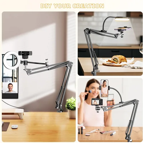 Miniatura 10 de Soporte de cámara superior con anillo de luz, brazo flexible articulado para teléfono compatible con iPhone, webcam Logitech, trípode de escritorio