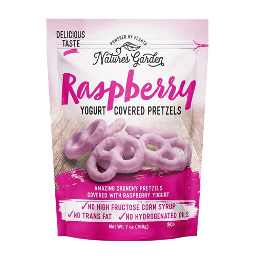 Nature's Garden Pretzels cubiertos de yogur de frambuesa, sin grasas trans, aperitivo indulgente, pretzels saborizados, bolsa de 7 onzas (paquete de