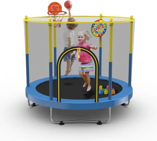 Trampolín de 72 pulgadas para niños con red, trampolín pequeño de 6 pies para interiores y exteriores con aro de baloncesto y tablero de dardos para