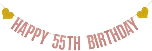 Cartel de Feliz 55 cumpleaños, pre-encordado, guirnaldas de papel con purpurina de oro rosa para mujeres de 55 años, decoración de fiesta de