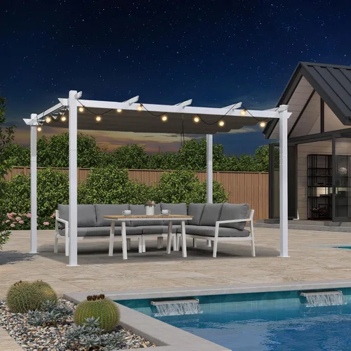 Miniatura 14 de PURPLE LEAF Pérgola Retráctil de 10' x 13' para Exteriores de Aluminio Blanco con Toldo de Sombra para Patio Refugio Moderno Marrón para Jardín