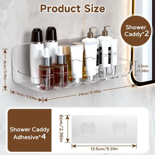 Miniatura 2 de Paquete de 2 estantes de ducha de acrílico, estante de baño transparente adhesivo, organizador de ducha de plástico con cinta autoadhesiva, sin