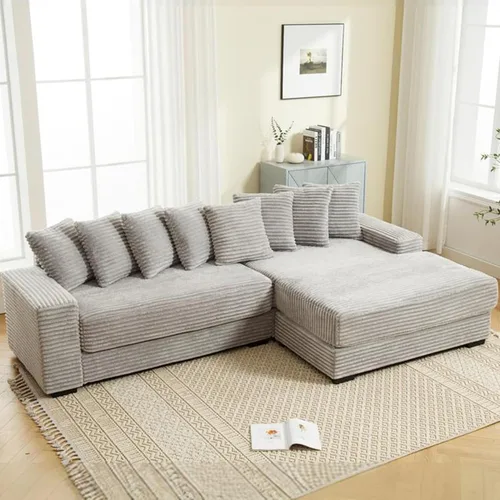 Miniatura 16 de Sofá modular moderno de 111 pulgadas, sofá de pana en forma de L con diván izquierdo, salón extra ancho, 8 almohadas, juego de sofá esquinero