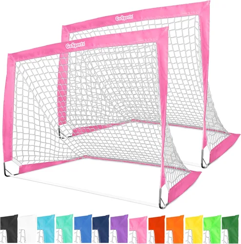 GoSports Porterías de fútbol portátiles de 4 x 3 pies para niños, 13 colores, juego de 2 redes desplegables de tono de equipo para patio trasero Rosa