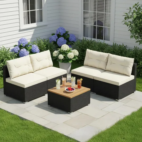 Miniatura 10 de Tangkula Juego de muebles de mimbre para patio, juego de sofá y mesa auxiliar de ratán sin brazos de 4 piezas, con cojines, mesa de madera de Negro