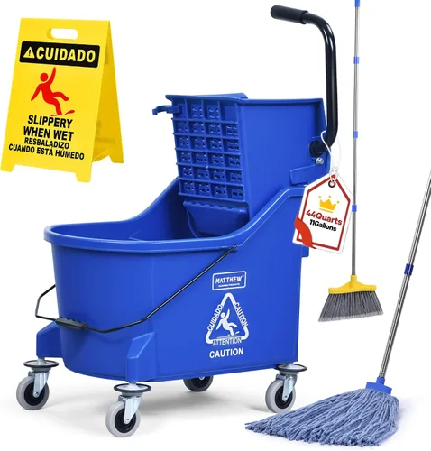 Matthew Cleaning Blue - Cubo de trapeador comercial de 44 cuartos de galón INCL.Wet String Mop& 19'' Industrial Wet Floor Sign con escurridor