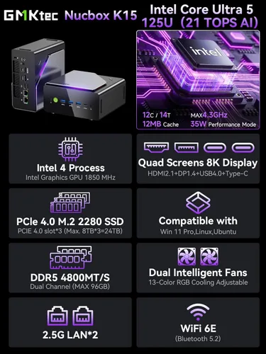 Miniatura 2 de GMKtec K15 AI Mini PC Oculink Intel Ultra 5 125U Procesador 16GB DDR5 1T SSD, computadora de escritorio AI Boost, expansión de almacenamiento 3X M.2