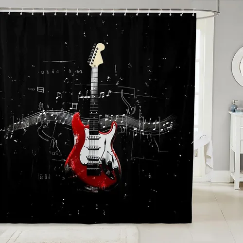 Miniatura 18 de Cortina de ducha de guitarra roja, cortina de baño de música Hip Pop, decoración de baño para niños y niñas, cortina de baño de guitarra de moda