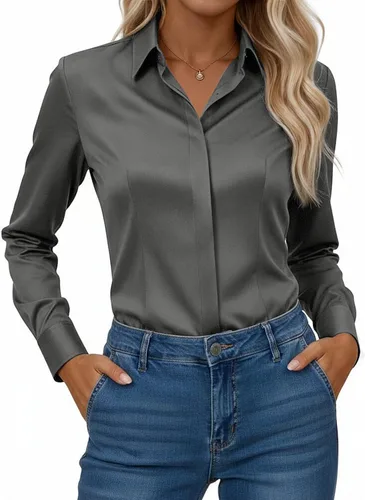 Miniatura 10 de Gleeivy Camisa con botones para mujer, solapa con botones ocultos, ligera, transpirable, resistente a las manchas, manga larga, trabajo e informal