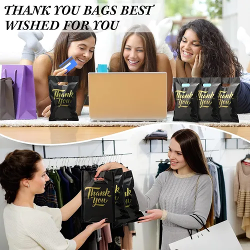Miniatura 6 de Jeyiour 300 bolsas de mercancía de agradecimiento de 3 tamaños, bolsas de compras para negocios con asas, regalo de agradecimiento, bolsas de Negro