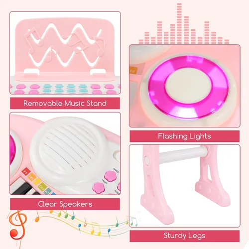 Miniatura 4 de Costzon Piano de teclado de juguete para niños de 37 teclas con patas desmontables, banco, partitura de música, luz flash, canciones MP3 integradas