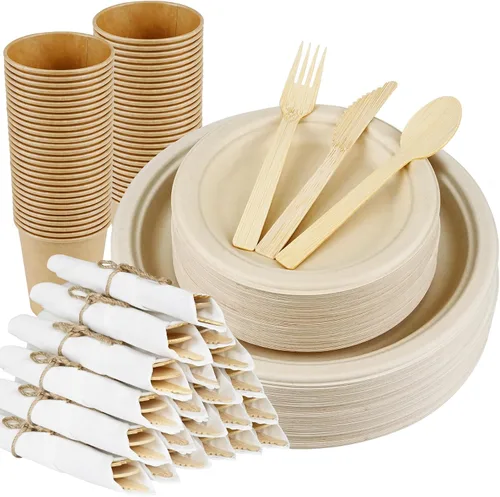 Miniatura 10 de Juego de servilletas y cubiertos de bambú preenrollados, paquete de 100 utensilios de bambú/cubiertos compostables