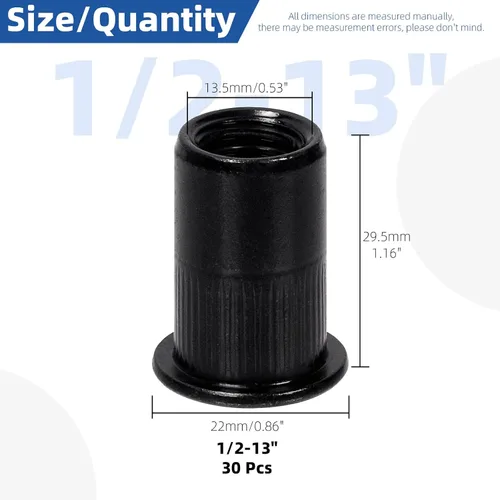 Miniatura 2 de Glarks Juego de 30 tuercas de remache de 1/2 "-13UNC de acero al carbono chapado en zinc negro cabeza plana remache roscado inserto remache tuercas