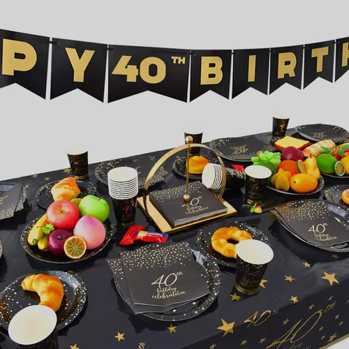 Miniatura 5 de Gatherfun Suministros de fiesta de cumpleaños de 40 años, platos de papel desechables, servilletas, vasos, cuchillos, cucharas, tenedores, mantel