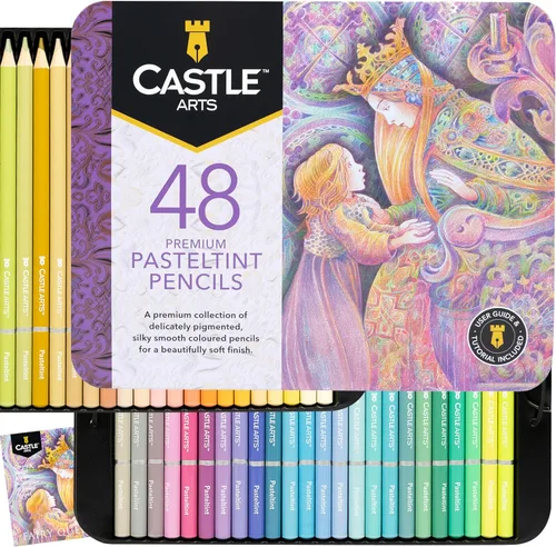 Castle Art Supplies - Juego de lápices de colores Pasteltint en lata | 48 colores en tonos más suaves y suntuosos | para artistas profesionales y