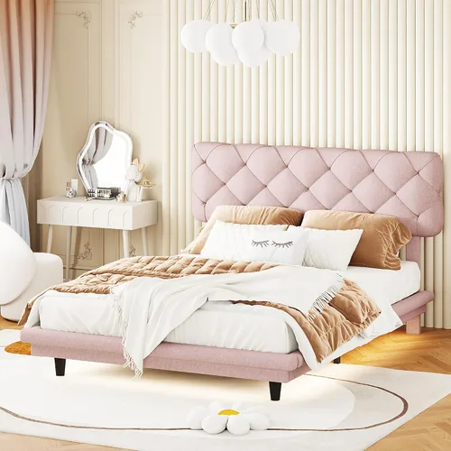 Miniatura 38 de Cama de plataforma flotante, marco de cama de madera tamaño individual con rayas claras, tela de lino suave y cabecera de diseño capitoné