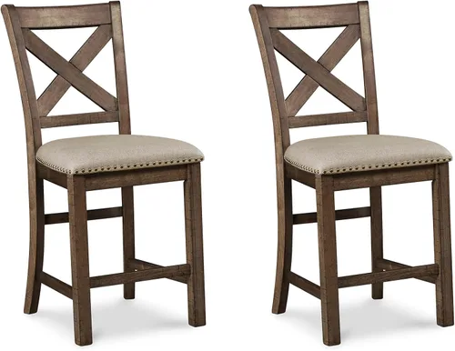 Signature Design by Ashley Moriville Rustic Farmhouse Taburete tapizado de 24.5 pulgadas, 2 unidades, beige y marrón