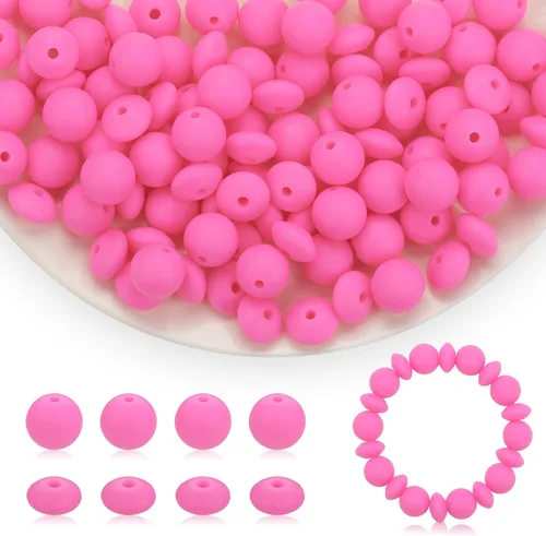 Miniatura 14 de 100 cuentas de silicona de 0.472 pulgadas para llavero, bolígrafo, collar, pulsera, manualidades, goma focal suelta a granel (rosa)