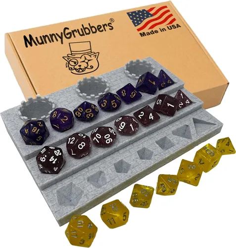 Miniatura 8 de MunnyGrubbers - Estante de exhibición de dados - Dice_Jail - (3 x Juego aleatorio de 7 piezas D20 incluidas) - Exhibe hasta 3 juegos - RPG de mesa