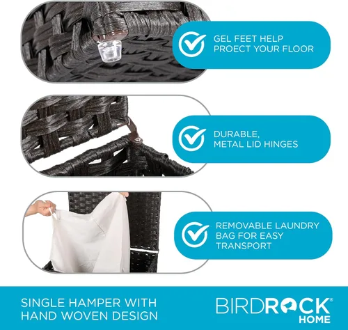 Miniatura 5 de BIRDROCK HOME Cesta de ropa delgada de 22" con bolsa extraíble Gris Tejida a mano Cesta de ropa compacta y plegable Ratán sintético de PE