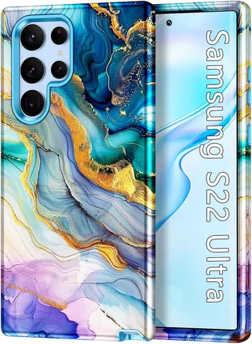 Miniatura 15 de Btscase Funda para Samsung Galaxy S22 Ultra 5G, patrón de mármol 3 en 1, resistente a prueba de golpes, cuerpo completo, policarbonato duro