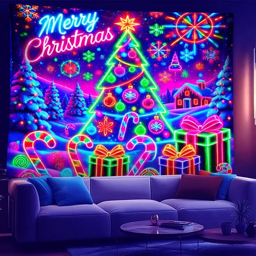 Miniatura 24 de NYZE - Tapiz de Navidad con Papá Noel, tapiz de luz negra que brilla en la oscuridad, colgante de pared, banner festivo, decoración para fiesta