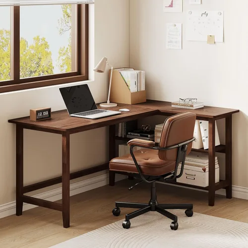 Miniatura 8 de IOTXY Reversible L-Shaped Office Desk - 53" Modern Corner Computer Table with Storage Shelves, Solid Wood Legs, Home Writing & Study Workstation