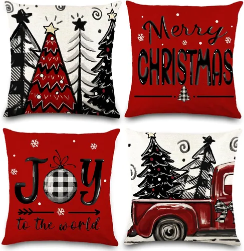 DIYDEC 4 fundas de almohada navideñas de 18x18 pulgadas, fundas de almohada rojas, decoraciones navideñas búfalo árbol camión, almohadas de Feliz