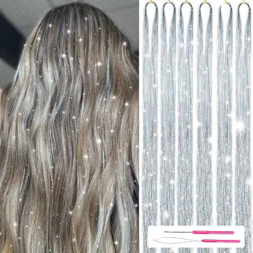 Miniatura 8 de Kit de oropel para el cabello con herramientas de 47 pulgadas, 1200 hebras de extensiones de cabello de oropel con purpurina, kit de mechones