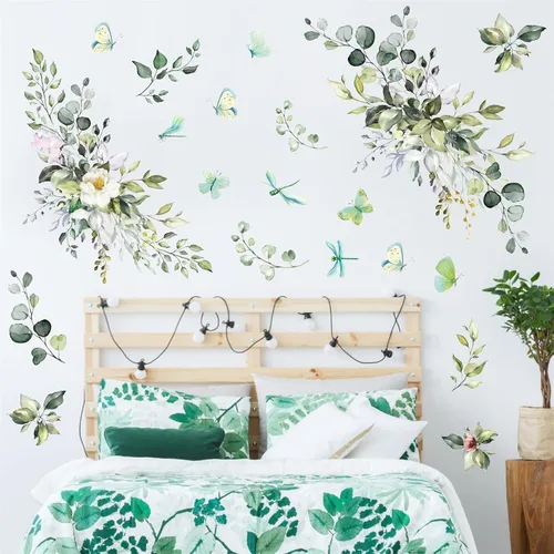 Miniatura 4 de Vinilo botánico de hojas verdes, calcomanías de vinilo para despegar y pegar, enredaderas rústicas colgantes, mural, mariposas, flores, calcomanías