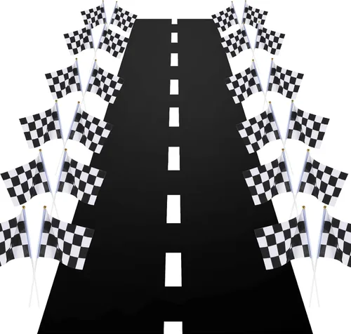 Honoson Decoraciones de fiesta de cumpleaños de coche de carreras, 12 unidades, banderas a cuadros de carreras en blanco y negro con tapete de piso