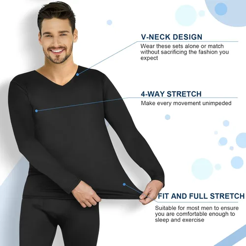 Miniatura 5 de Patelai Juego de 3 ropa interior térmica para hombre, capa base cálida de invierno, cuello en V, forro polar térmico para clima frío