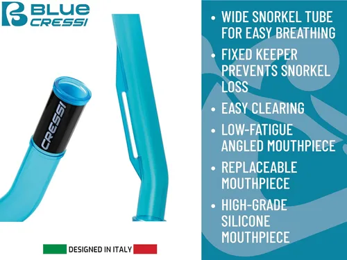 Miniatura 3 de Cressi Buceo Minimalista Fijo Keeper Snorkel - Fácil y Cómodo de Usar - Isla: Diseñado en Italia Azul translúcido/transparente/negro