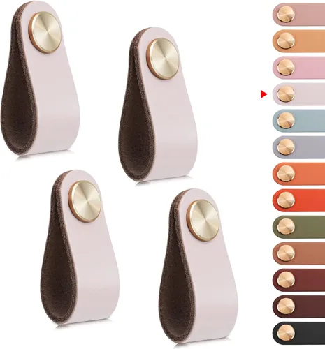 Miniatura 24 de Paquete de 4 tiradores de cuero para cajones, color beige, pomos de puerta de armario de 3.7 pulgadas, tiradores de piel sintética para tocador