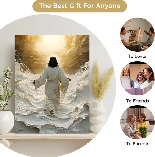 Miniatura 6 de Lienzo enmarcado dorado y blanco de Jesús caminando sobre el agua, arte de pared, póster religioso cristiano, cuadro de pintura de Cristo