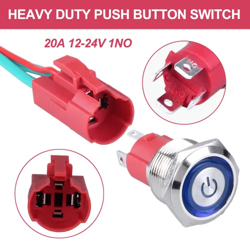 Miniatura 3 de Interruptor de botón de metal resistente de 0.748 in, resistente al agua, 20 amperios, 12 V-24 V, encendido/apagado, 1 no, 4 pines con enchufe Azul