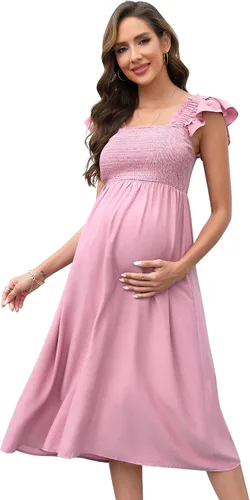 Miniatura 2 de BeautyNee Vestido de maternidad para mujer para sesión de fotos, baby shower, con tirantes delgados, manga y cuello cuadrado, vestido maxi bohemio