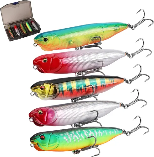 FLISSA Juego de 5 señuelos de pesca de agua superior, señuelos de pesca de lubina para agua dulce y salada, señuelo duro realista, señuelo de pesca