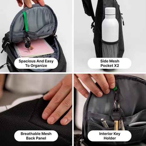 Miniatura 2 de Carrywell Mochila cruzada (no fabricada en China), mochila pequeña para viajes, senderismo, bolsa de pecho antirrobo, ligera Negro