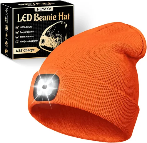 Miniatura 12 de HEYAXA Gorro LED unisex con luz, gorro con linterna frontal recargable, rellenos para calcetines, regalos de Navidad para hombres, gorro tejido
