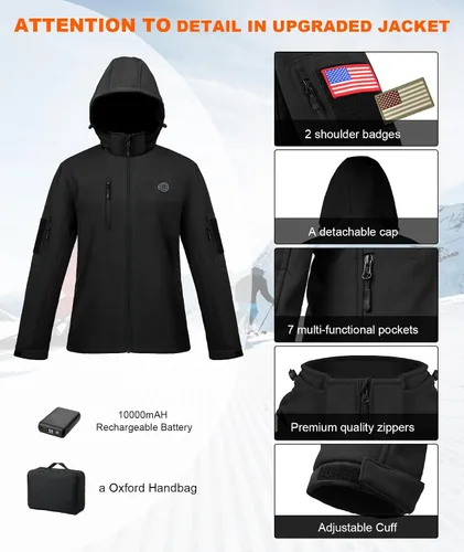 Miniatura 4 de Chaqueta térmica para mujer con batería, rompevientos impermeable, desmontable con capucha, chaqueta térmica eléctrica